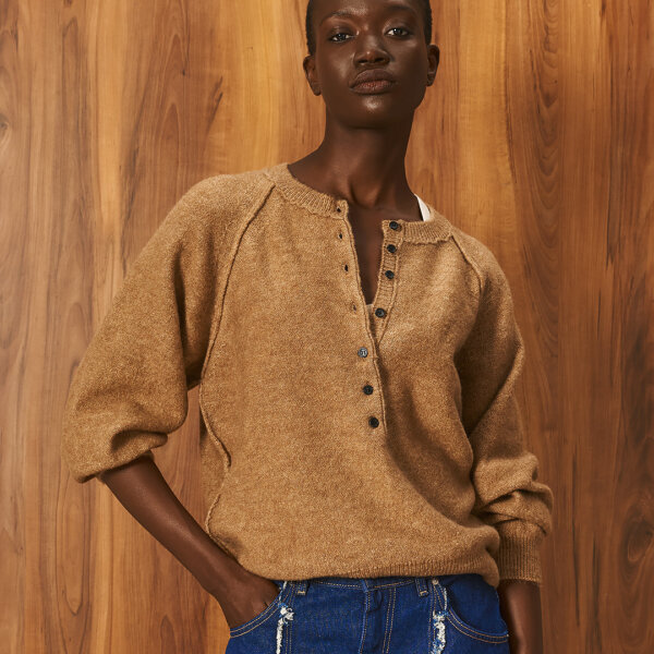 Raglan-knit sweater with long placket Camel Tailor Made Knitwear
