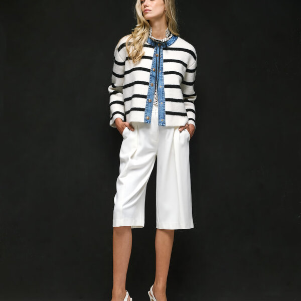 Striped knit cardigan with denim collar and details White Tailor Made Knitwear