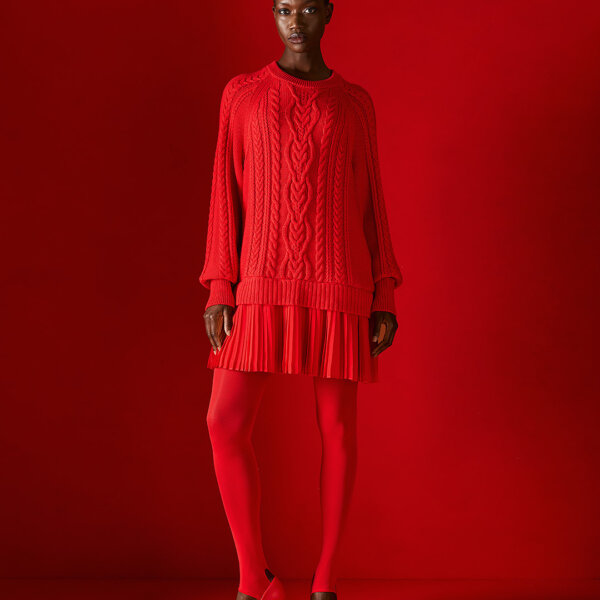 Oversized cable-knit sweater with pleated fabric detailing at the bottom Red Tailor Made Knitwear