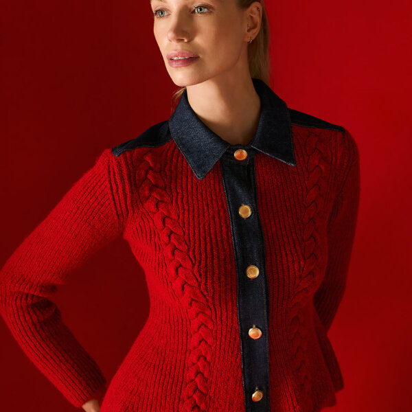 Cable-knit cardigan with denim collar, details and flared peplum hem Tailor Made Knitwear