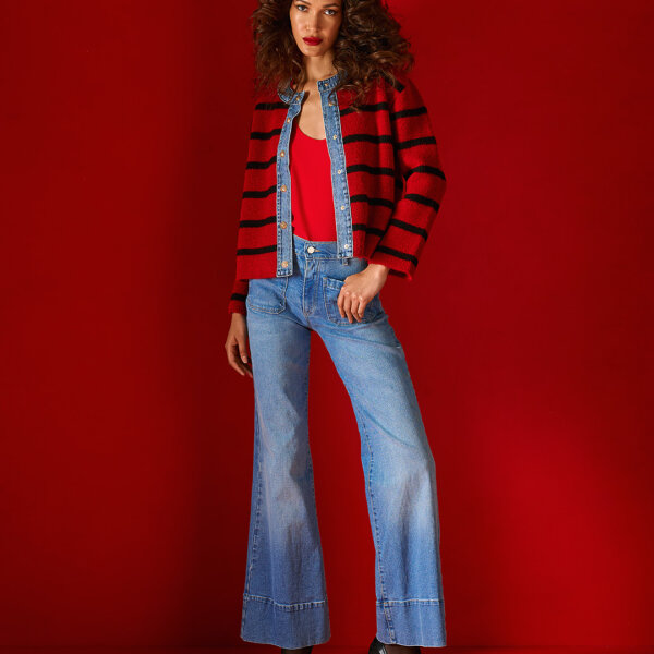 Striped knit cardigan with denim collar and details Red Tailor Made Knitwear