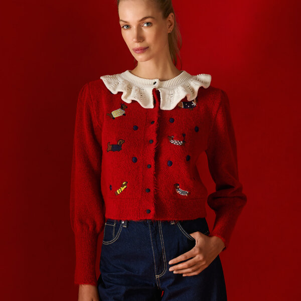 Knit Cardigan with Embroidered Dogs and White Collar Tailor Made Knitwear