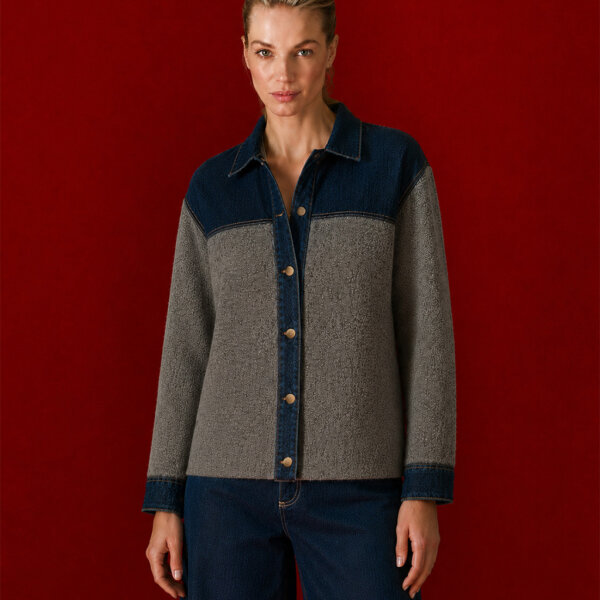 Knit cardigan with denim details on shoulders, placket, collar and cuffs Anthracite Tailor Made Knitwear