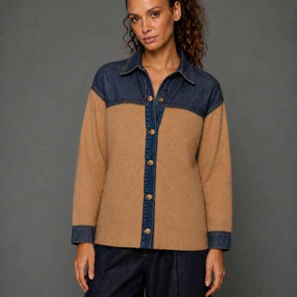 Knit cardigan with denim details on shoulders, placket, collar and cuffs Tailor Made Knitwear